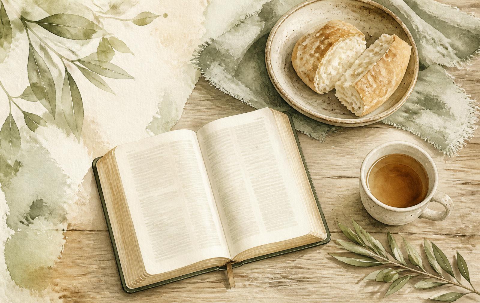 An open Bible on a wooden table with bread, tea and olive leaves